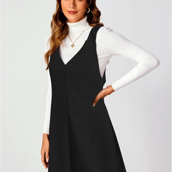 2025 Fall Women's V Neck Corduroy Overall Mini Pinafore Dress in Black - Large - Picture 4 of 5